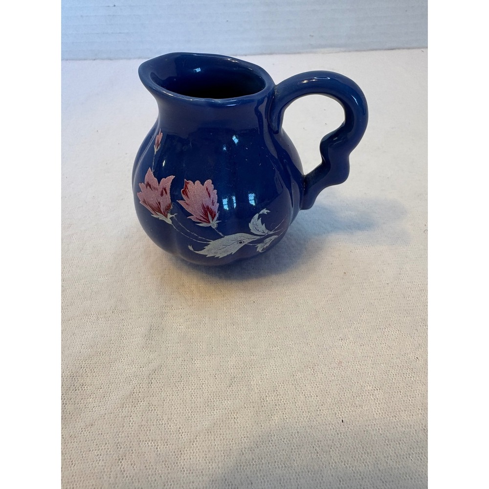 Creamer Mini Pitcher Cobalt Blue Pink Floral Hand Painted Ceramic Vase Vintage